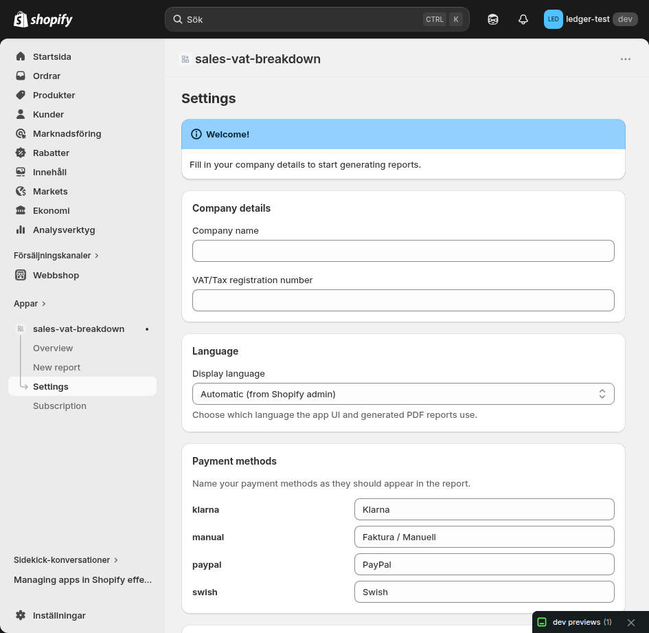 Settings page with company details, language picker and gateway mapping